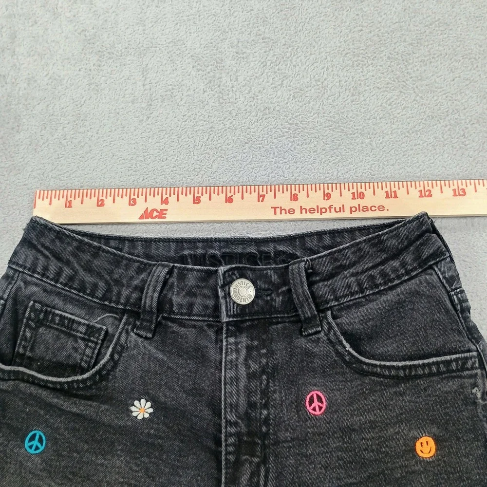 Justice Girls Denim Shorts Black Size 12 Embroidered Peace Smiley Daisy